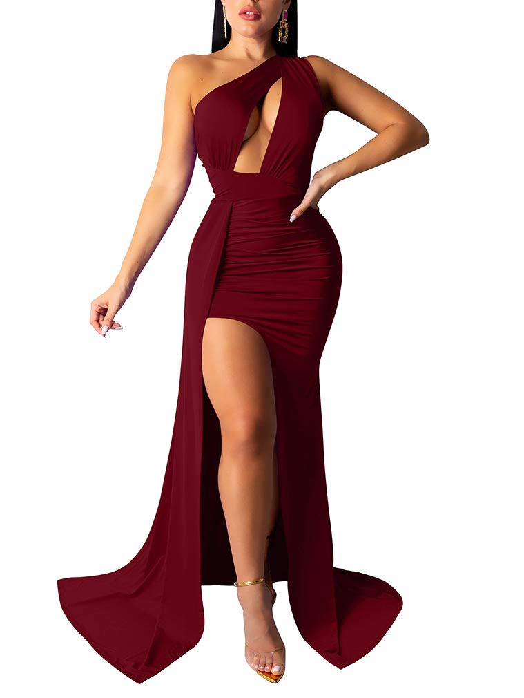 LAGSHIAN Women Sexy Elegant One Shoulder High Split Cutout Long Evening Dress Wine Red - Image 1